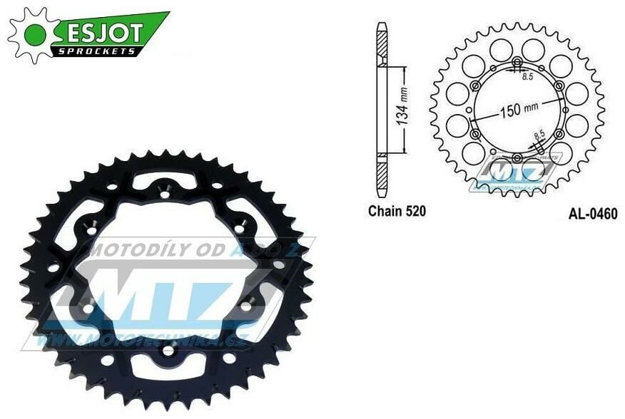 Obrázek produktu Rozeta řetězová (převodník) Dural 0460-52zubů ESJOT 53-32024-52B - barva černá - Kawasaki KX125+KX250 +KX500+KXF250+KXF450+KDX175+KDX200+KDX220R+KDX250+KLX250R+KLX250 D-Tracker +KLX250+KLX250SF+KLX300 AL-0460-52-XB