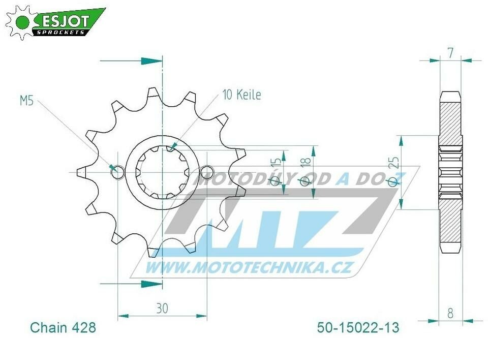 Obrázek produktu Kolečko řetězové (pastorek) 15022-15zubů ESJOT 50-15022-15 - Herkules ZX50 + Sachs (50-15022) 50-15022-15