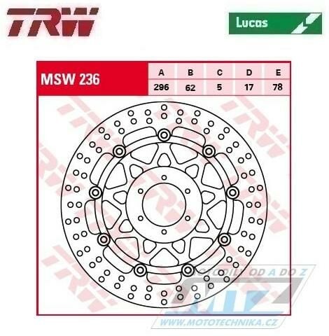 Obrázek produktu Kotouč brzdový plovoucí TRW MSW236 (296/62/6D) - kulatý design - Honda CBR600F+CBR900RR+VFR800+XL1000V Varadero+GL1500+GL1800 Goldwing + Indian LUMSW236