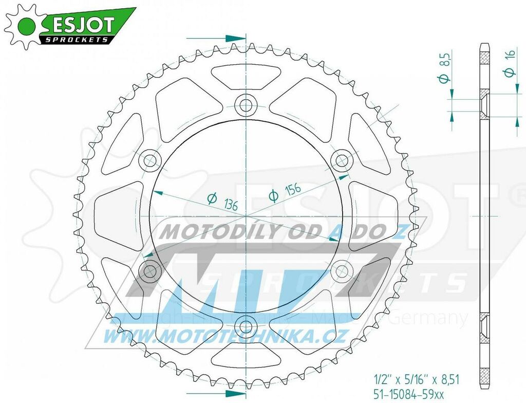 Obrázek produktu Rozeta řetězová (převodník) Dural 15084-54zubů ESJOT 51-15084-54 - Husqvarna SMS4 125 / 10-14 + SMR125+TE125 51-15084-54