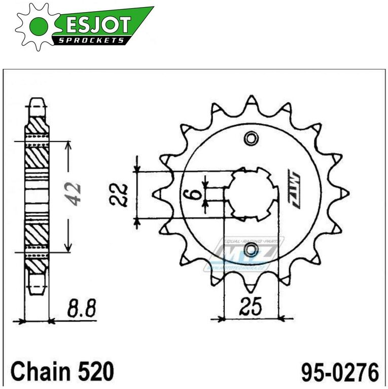 Obrázek produktu Kolečko řetězové (pastorek) 0276-15zubů ESJOT 50-32003-15 - Honda CB250N+CB400N + CM250T Custom + CM400T + CM400T Chopper 95-0276-15-ES
