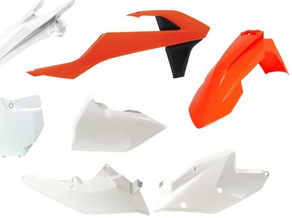 Obrázek produktu sada plastů KTM, RTECH (oranžovo-bílé, 6 dílů, vč. levého krytu vzduch filtru) R-KITKTM-OEM-516
