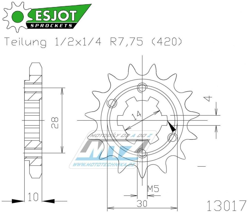 Obrázek produktu Kolečko řetězové (pastorek) 13017-12zubů ESJOT 50-13017-12 - Derbi 50 Fenix / 96-97 + 50 GPR / 96-99 + 50 Senda L-R / 96-97 + 50 SM Classic Super Motard / 97-99 + Piaggio Zulu / 80-00 50-13017-12