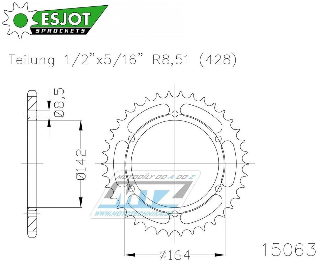 Obrázek produktu Rozeta ocelová (převodník) 15063-52zubů ESJOT 50-15063-52 - Hyosung 125 GT R Comet / 09-12 + 125 GT Naked / 03-11 + 125 GT R Supersport / 06-08 + 125 GT+125 GT R EFI / 10-12 50-15063-52