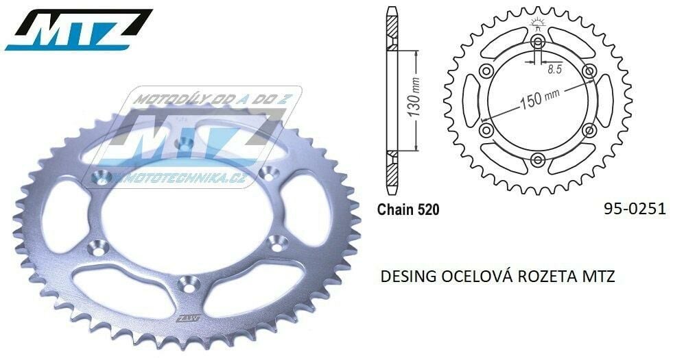 Obrázek produktu Rozeta ocelová (převodník) 0251-48zubů MTZ - Yamaha YZ125+YZ250+YZF250 +YZF400+YZF426+YZF450+YZF450X / 16-20 + TT-R230 / 05-20+WRF250N / 99-01+WRF250 / 07-20+WRF400 / 99-01+WRF426 / 01-02+WRF450 / 03- 95-0251-48
