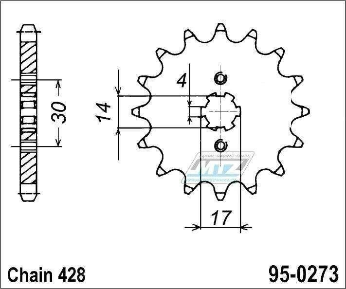 Obrázek produktu Kolečko řetězové (pastorek) 0273-14zubů MTZ - Daelim 110 City Ace + Daytona 50 Nova + Honda 125 Supra-X + Kawasaki KLX150+KLX125+KLX125D D-Tracker + Kymco 110 VisaR + pitbike Stomp + pitbike DemonX  + 95-0273-14