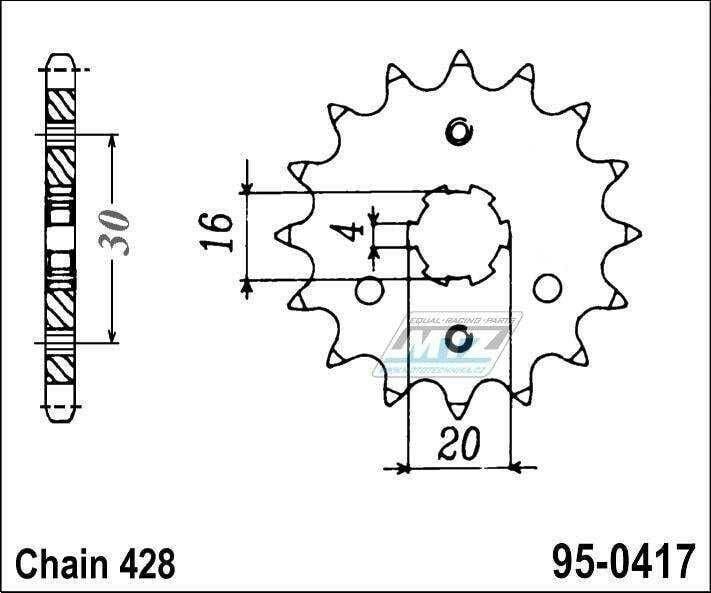 Obrázek produktu Kolečko řetězové (pastorek) 0417-16zubů MTZ - Kawasaki AR125LC + KMX125A + KMX200A + KE100A + BN125A Eliminator + KDX125SR