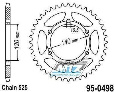 Obrázek produktu Rozeta ocelová (převodník) 0498-39zubů MTZ - Kawasaki ZR7+ZR7S + ZX6R Ninja + ZR750 Zephyr + W650 + Suzuki GSXR750 + GSXR600 95-0498-39
