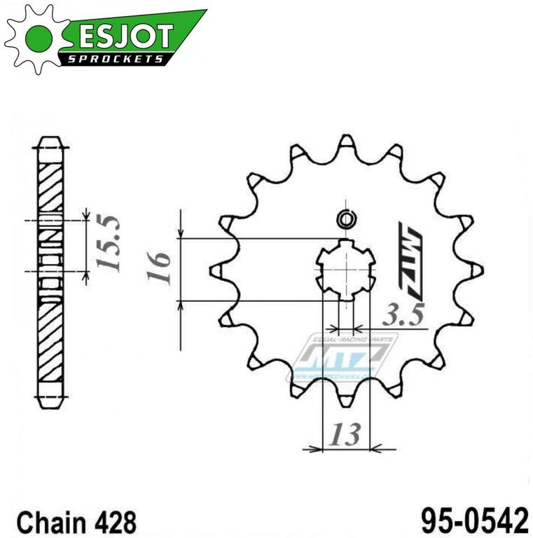 Obrázek produktu Kolečko řetězové (pastorek) 0542-13zubů ESJOT 50-15009-13 - Yamaha DT80MXS (ej-50-15009)