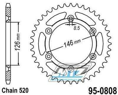 Obrázek produktu Rozeta ocelová (převodník) 0808-42zubů MTZ - Kawasaki KLX400 + Suzuki DR250 + DR350 + DRZ250 + DRZ400 + RM100 + RM125 + RM250 + RMX250 + RMZ250 + RMZ450 + RMX450 + TSR125 + TSR200