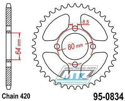 Obrázek produktu Rozeta ocelová (převodník) 0834-48zubů MTZ - Yamaha FS1E + FS80SE + PW80 + PW80-Zinger + LB50 Chappy + RD50MX + RD80MX + RT100 + TTR50E + TTR90 + TTR110E + V50 + V70 + V75 + V80 + V90 + YB100 95-0834-48