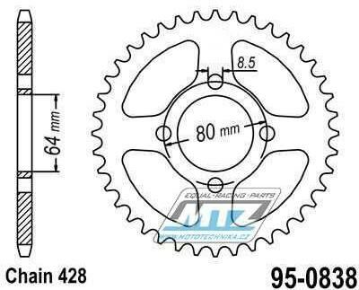 Obrázek produktu Rozeta ocelová (převodník) 0838-45zubů MTZ - Yamaha YBR125+YB125 + DT100+F1Z 110 + RD125+RS100+RS125DX+RSX100 + YBA125 Enticer + T105+T110+T115 Crypton R + 135 Crypton X + Suzuki DRZ50+DRZ70 + Kawasak 95-0838-45