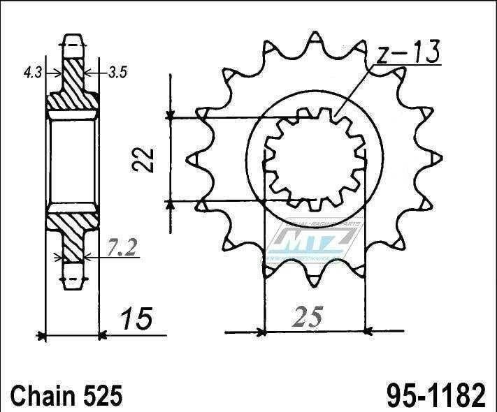 Obrázek produktu Kolečko řetězové (pastorek) 1182-15zubů MTZ - Triumph 600TT + 600 Daytona + 600 Speed Four + 650 Daytona 95-1182-15