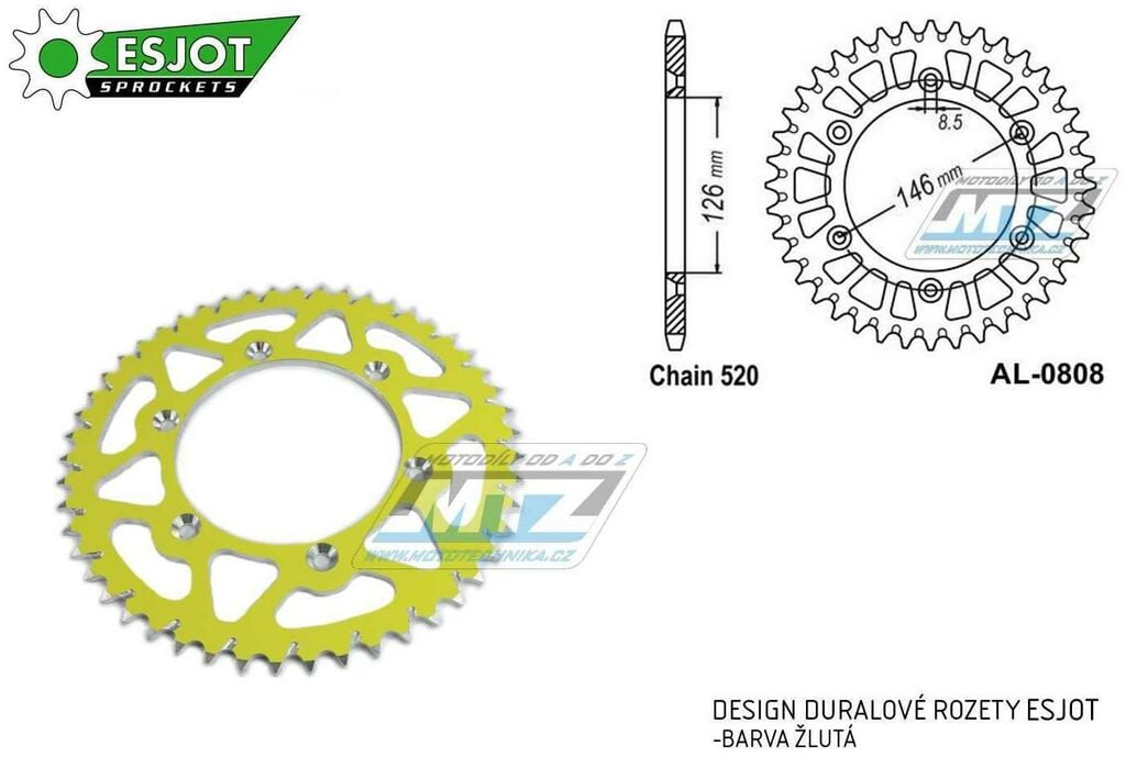 Obrázek produktu Rozeta řetězová (převodník) Dural 0808-48zubů ESJOT 51-32041-48SY - barva žlutá - Suzuki RM125 / 80-11+RM250 / 82-12+RMX250 / 89-00+RMZ250 / 07-20+RMZ450 / 05-20+RMX450Z / 10-19+DRZ250 / 01-07+DR350 / AL-0808-48-SY