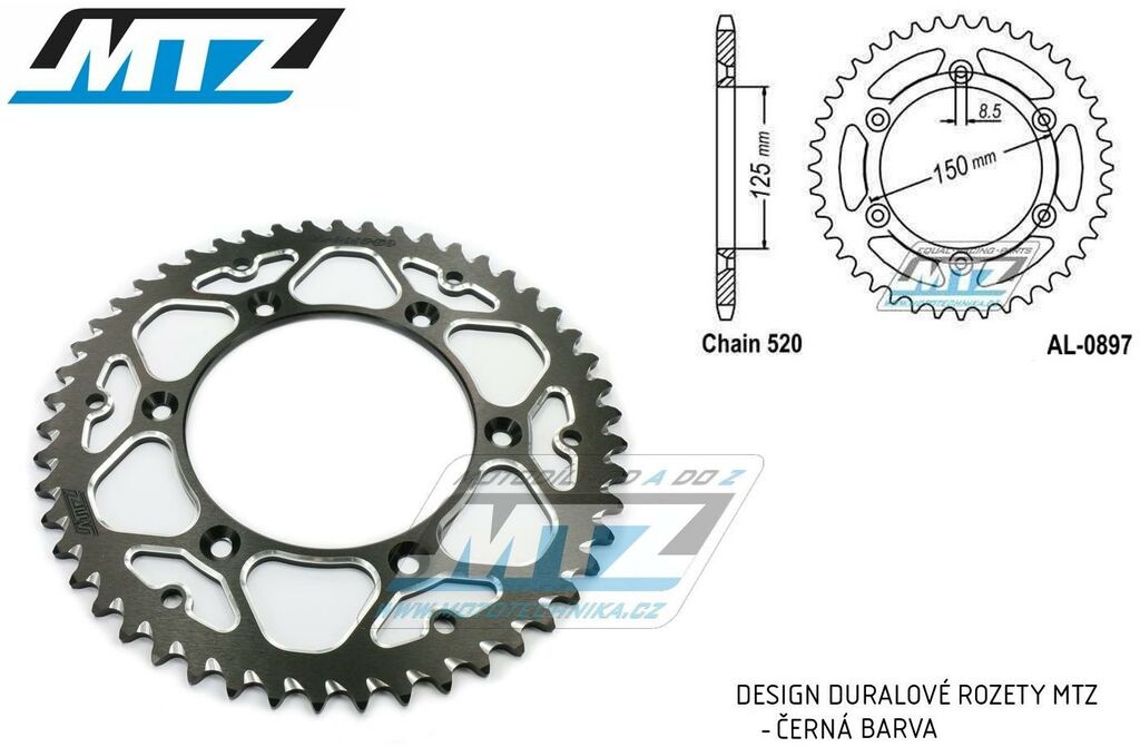 Obrázek produktu Rozeta řetězová (převodník) Dural 0897-52zubů MTZ černá - KTM 125SX+250SXF+ 360EXC+400EXCF+300XC+450XCF+440MX+790 Adventure+620 EGS+690 Duke+125LC2+ 350LC4+525SMR+690SMC + Husaberg TE250+FC350+FE450+F AL-0897-52-E2