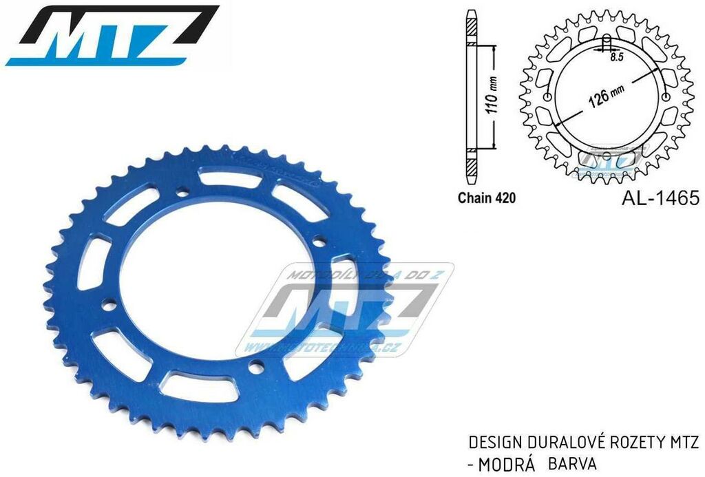 Obrázek produktu Rozeta řetězová (převodník) Dural 1465-50zubů MTZ modrá - Kawasaki KX65 / 00-20 + Suzuki RM65 / 03-05 (al-vzor-1465modry) AL-1465-50-E3