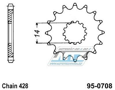 Obrázek produktu Kolečko řetězové (pastorek) 0708-13zubů MTZ - Cagiva 50 + Cagiva 75 + Cagiva 80 Mito+Prima+Cocis+Super City+W4 + Aprilia 75 95-0708-13