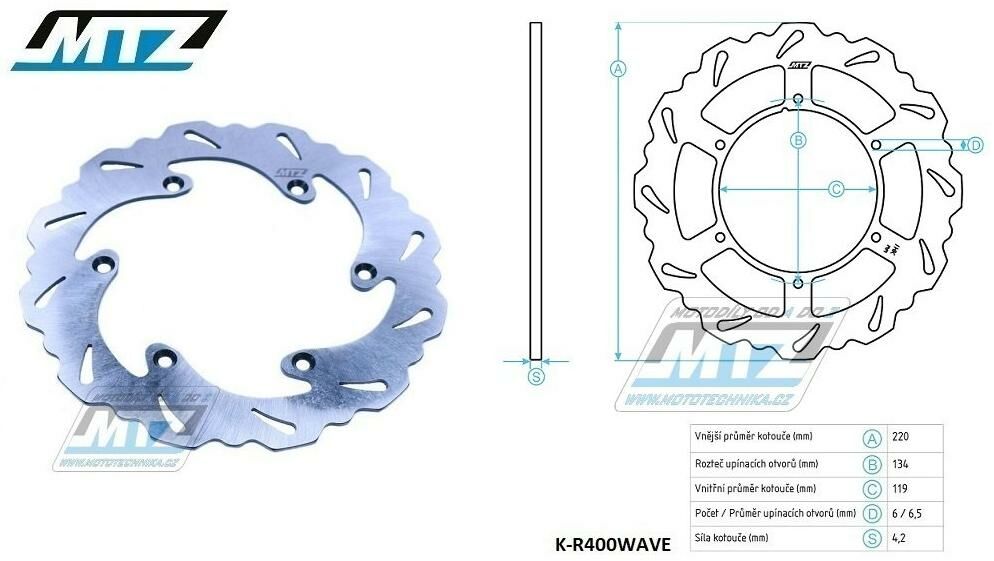 Obrázek produktu Kotouč brzdový MTZ nerezový - zubatý desing Wave - Suzuki RM125 / 88-98 + RM250 / 87-98 + RMX250 + DRZ400S / 00-20 + DRZ400E / 00-07 K-R400WAVE-N