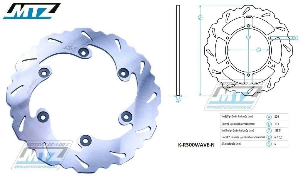 Obrázek produktu Kotouč brzdový MTZ nerezový - zubatý desing Wave - Yamaha YZ125 / 88-97 + YZ250 / 88-97 + YZF400 / 98 + WR250 / 90-97 + WRF400 / 98 K-R300WAVE-N