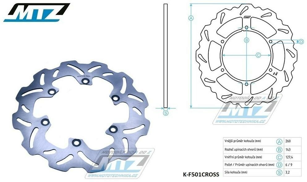 Obrázek produktu Kotouč brzdový MTZ nerezový - zubatý desing Wave včetně sady šroubů (6ks) - KTM SX+SXF+GS+MXC + Husqvarna FC+TC + Husaberg FC (bez otvoru pro magnet.sensor) K-F501CROSS