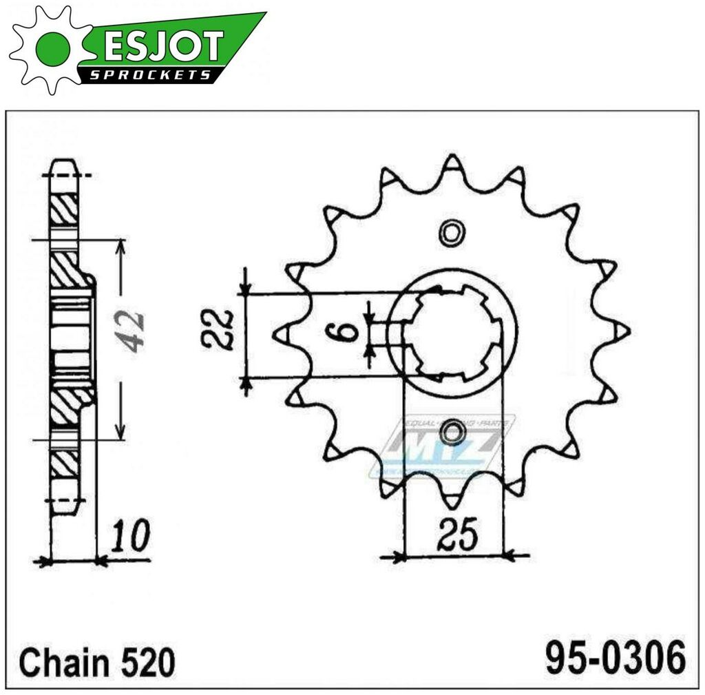 Obrázek produktu Kolečko řetězové (pastorek) 0306-15zubů ESJOT 50-32030-15 - Honda NX650 Dominator / 88 + XL400RC / 82 95-0306-15-ES