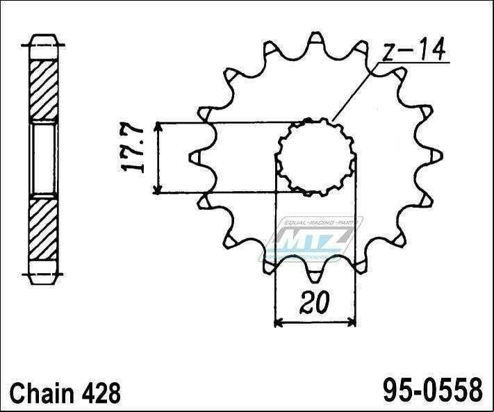 Obrázek produktu Kolečko řetězové (pastorek) 0558-16zubů MTZ - Yamaha YZ85 + DT125R+DT125RE+DT125X+DT200R + TZR80+TZR125+TDR125 + XVS125 Drag Star+XVS250 Drag Star + Derbi GPR125 + Kawasaki BX125 Ninja+Z125 95-0558-16