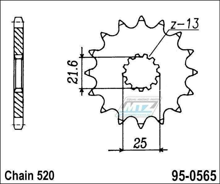 Obrázek produktu Kolečko řetězové (pastorek) 0565-15zubů MTZ - Yamaha YZ250+YZF450+YZF400+YZF426 + WRF400+WRF426+WRF450 + TDR250+TRZ250+TT500+XT500 + MT03-YZF-R3+YZF-R25 + YFZ450+YFM660R Raptor + Kawasaki ER6F+ER6N+W8 95-0565-15