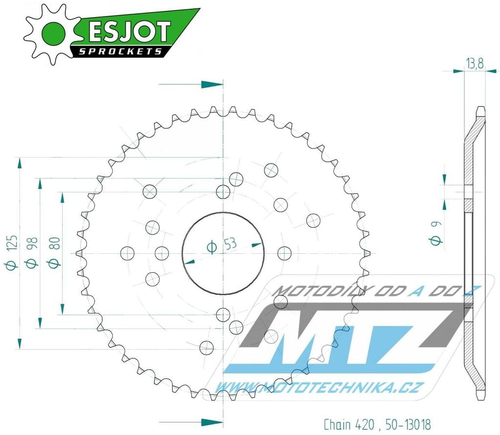 Obrázek produktu Rozeta ocelová (převodník) 13018-46zubů ESJOT 50-13018-46 - Derbi Fenix50+Senda50 / 96-97 + SM50 Classic Super Motard / 97-99 50-13018-46