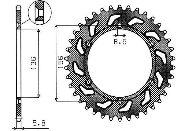 Obrázek produktu ocelová rozeta pro sekundární řetězy typu 520, SUNSTAR (38 zubů)