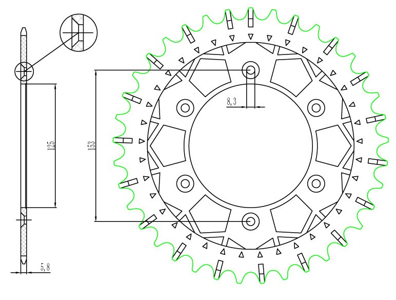 Obrázek produktu ocelová-nerezová rozeta pro sekundární řetězy typu 520, SUNSTAR (44 zubů)