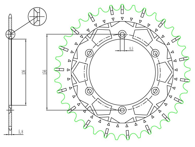 Obrázek produktu ocelová-nerezová rozeta pro sekundární řetězy typu 520, SUNSTAR (52 zubů)