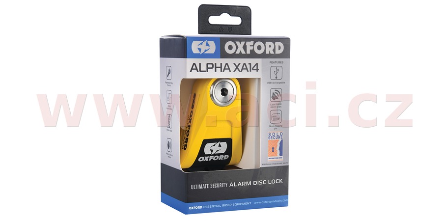 Obrázek produktu zámek kotoučové brzdy Alpha Alarm XA14, OXFORD (integrovaný alarm, žlutý/černý, průměr čepu 14 mm) LK217