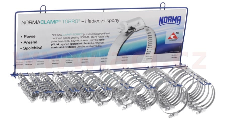 Obrázek produktu stojan osazený neperforovanými hadicovými sponami typ W1, (10x10 ks) NORMACLAMP TORRO - výroba Německo STOJAN TORRO