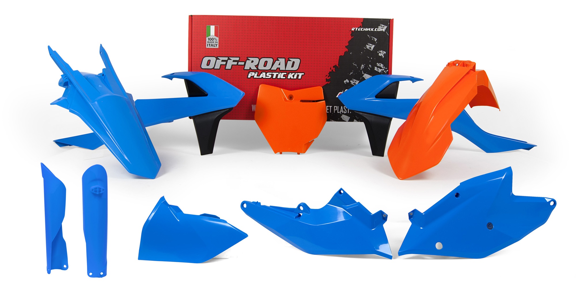 Obrázek produktu sada plastů KTM (speciální edice Troy Lee Designs), RTECH (modro-oranžovo-černá, 7 dílů, vč. chráničů vidlic)