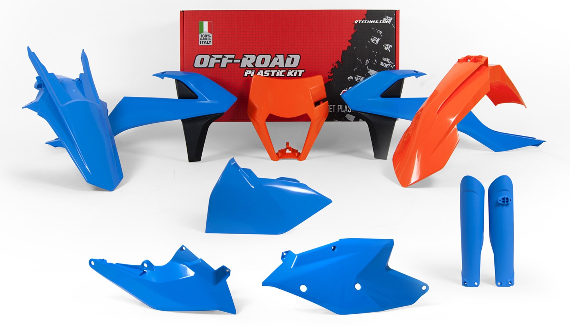 Obrázek produktu sada plastů KTM (speciální edice Troy Lee Designs), RTECH (modro-oranžovo-černá, 7 dílů, vč. chráničů vidlic)
