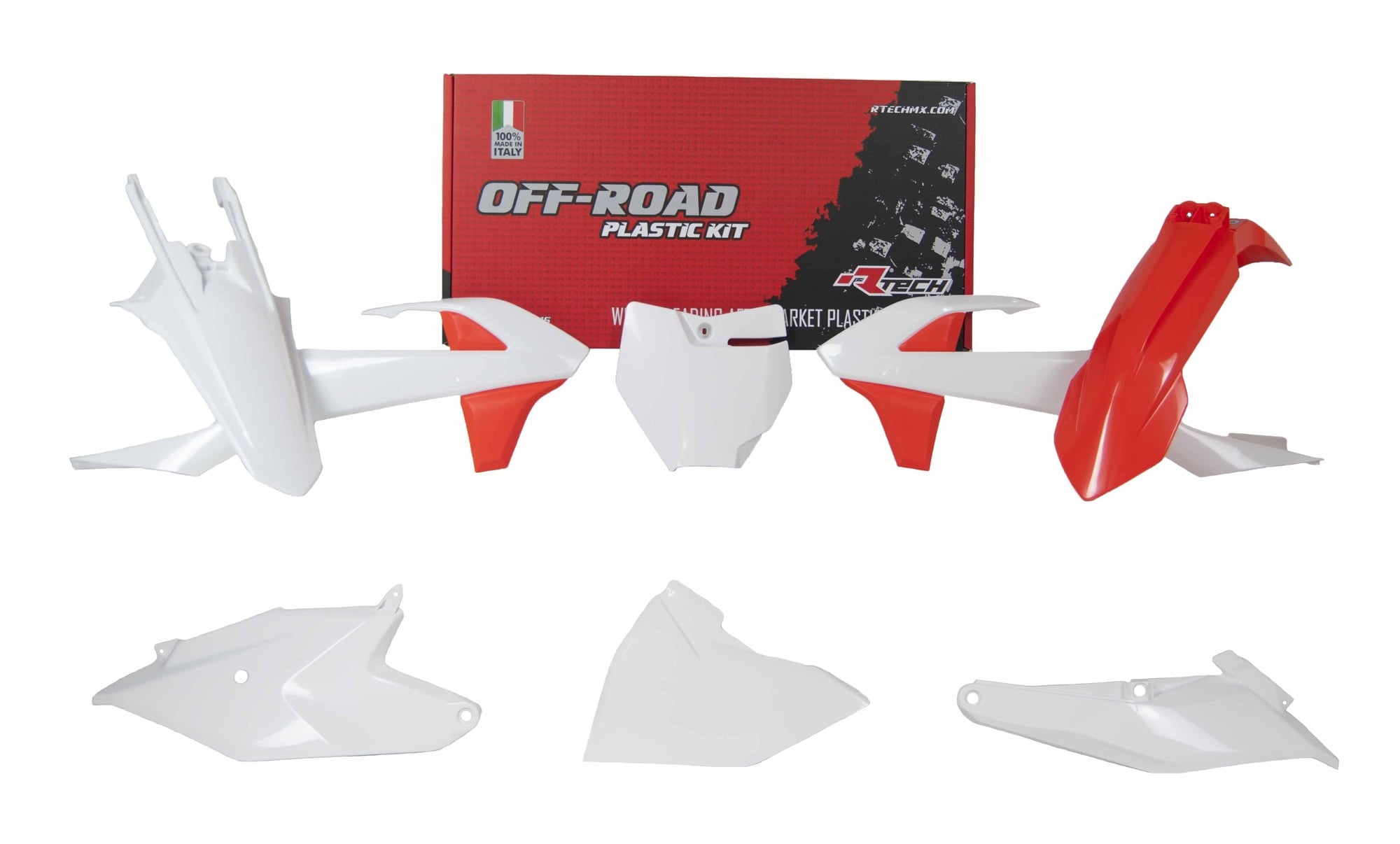 Obrázek produktu sada plastů KTM, RTECH (oranžovo-bílá, 6 dílů, vč. krytů vzduch filtru)