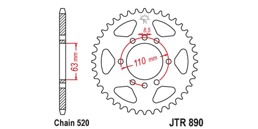 Obrázek produktu ocelová rozeta pro sekundární řetězy typu 520, JT (45 zubů)