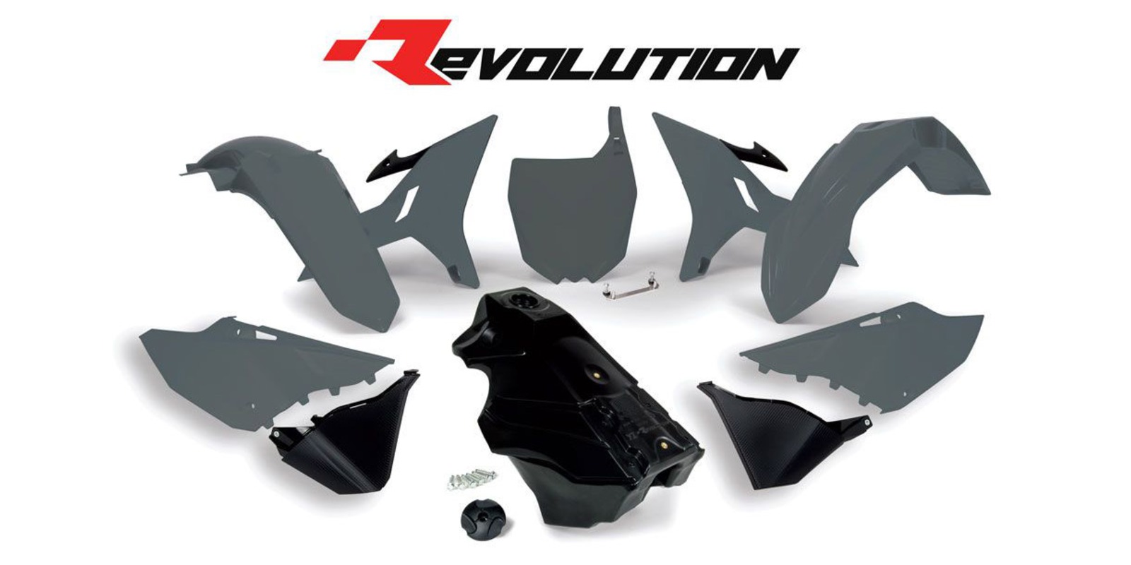 Obrázek produktu sada plastů Yamaha - REVOLUTION KIT pro YZ 125/250 02-21, RTECH (limit. edice QUANTUM GREY, šedo-černá, 5 dílů, vč. nádrže