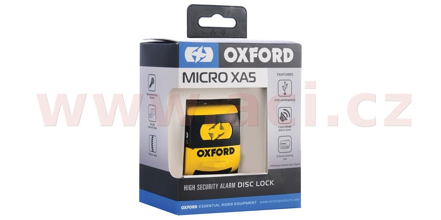 Obrázek produktu zámek kotoučové brzdy Micro XA5, OXFORD (integrovaný alarm, žlutý/černý, průměr čepu 5,5 mm) LK213