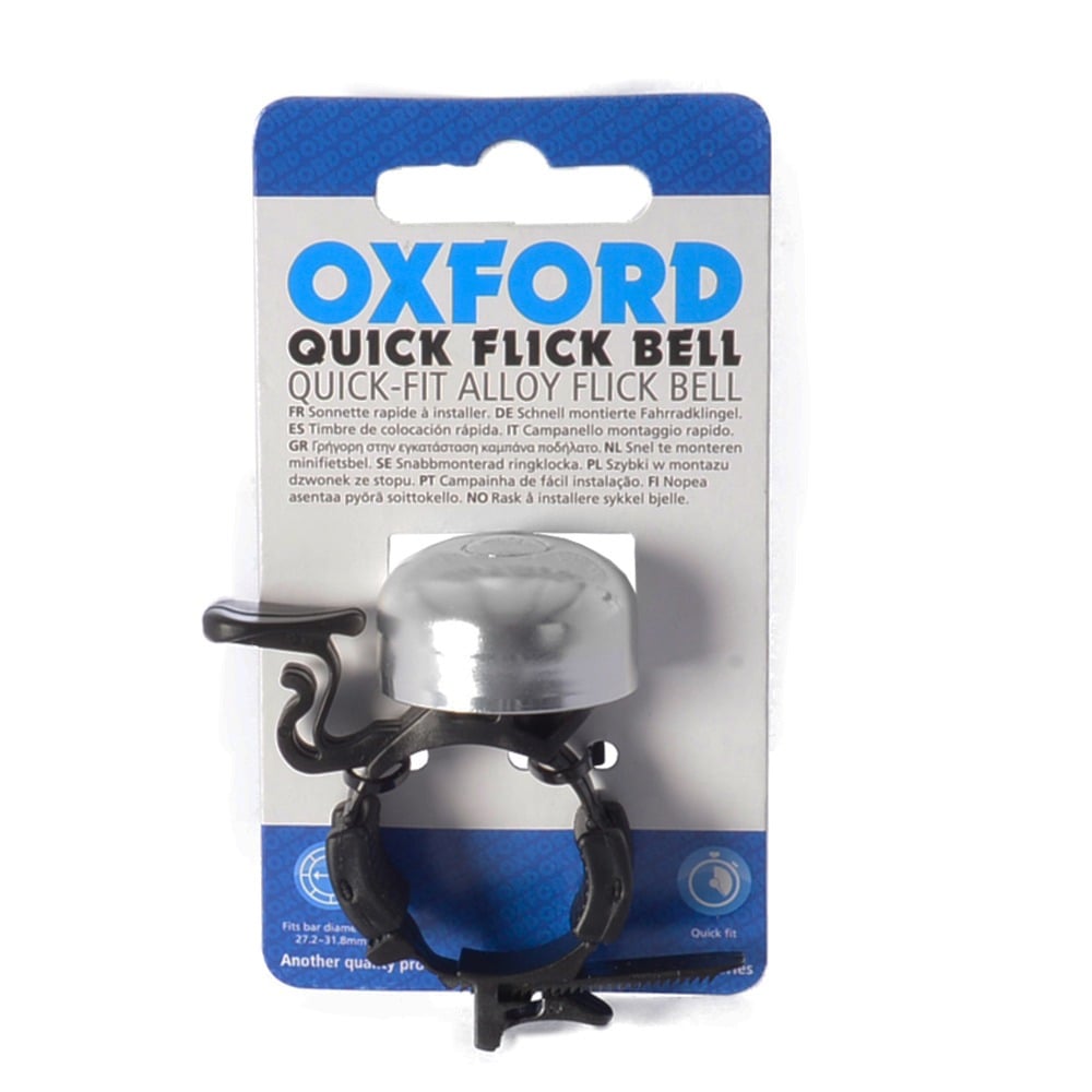 Obrázek produktu zvonek na kolo QUICK FLICK BELL, OXFORD (stříbrný plášť, s přezkou pro osazení na trubky od průměru 27,2 do 31,8 mm) BE166S