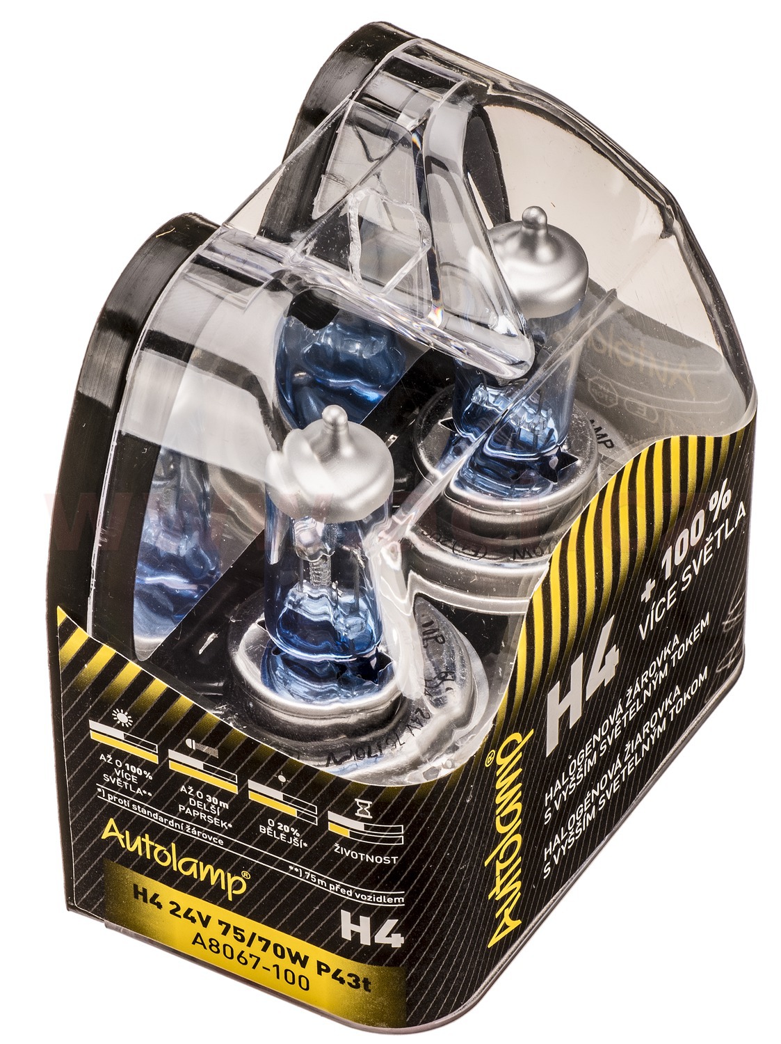 Obrázek produktu krabička AUTOLAMP H4 24V 75/70W P43t +100% E-homologace 2ks A8067UV-100