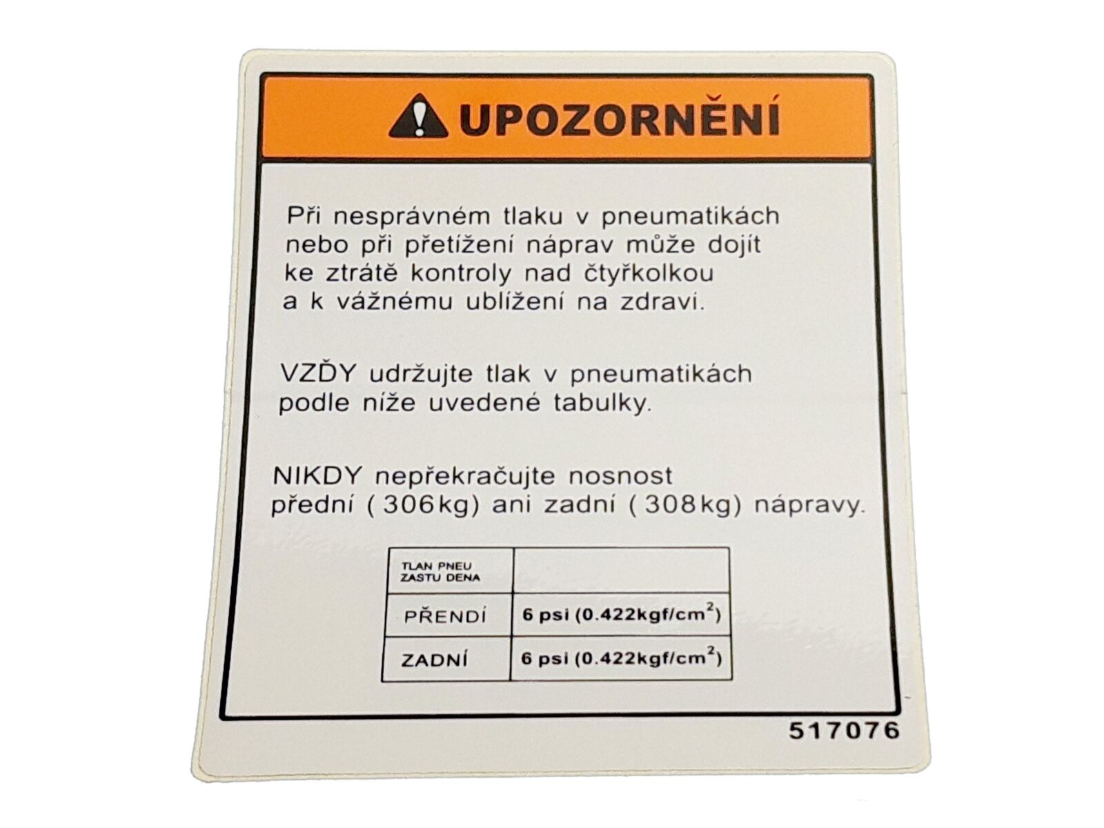 Obrázek produktu LABEL, TIRE PRESSURE 517076