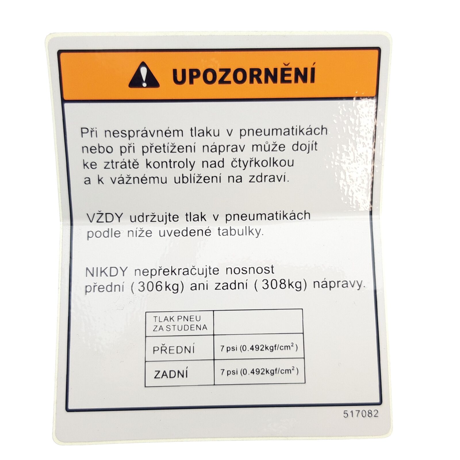 Obrázek produktu LABEL, TIRE PRESSURE. (517082) 517082