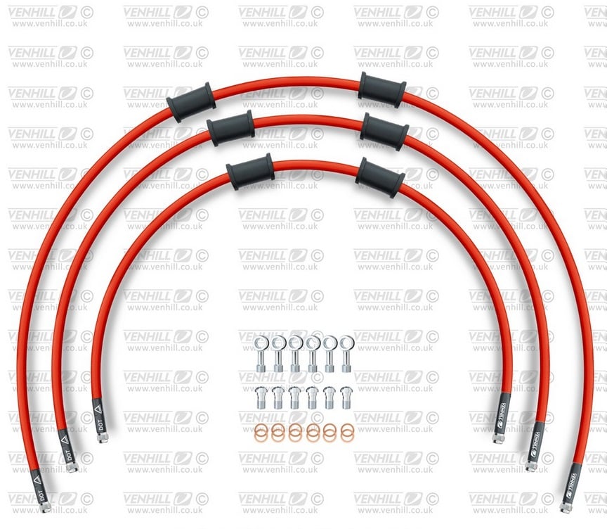 Obrázek produktu STANDARD Hadice přední brzdy sada Venhill POWERHOSEPLUS DUC-5001F-RD (3 hadice v sadě) červené hadice, chromové koncovky DUC-5001F-RD