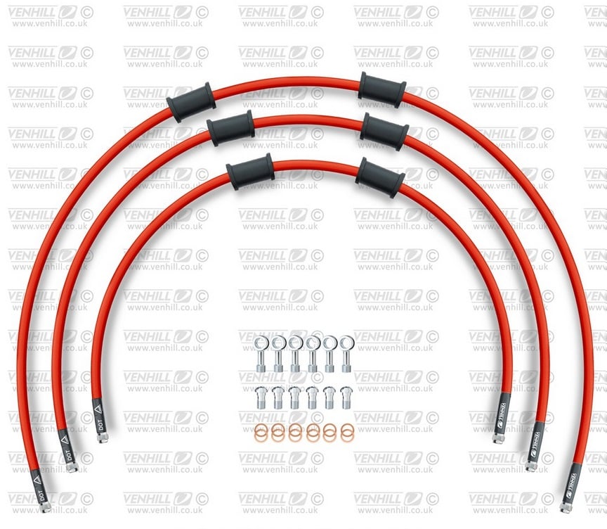 Obrázek produktu STANDARD Hadice přední brzdy sada Venhill POWERHOSEPLUS KAW-11004F-RD (3 hadice v sadě) červené hadice, chromové koncovky KAW-11004F-RD