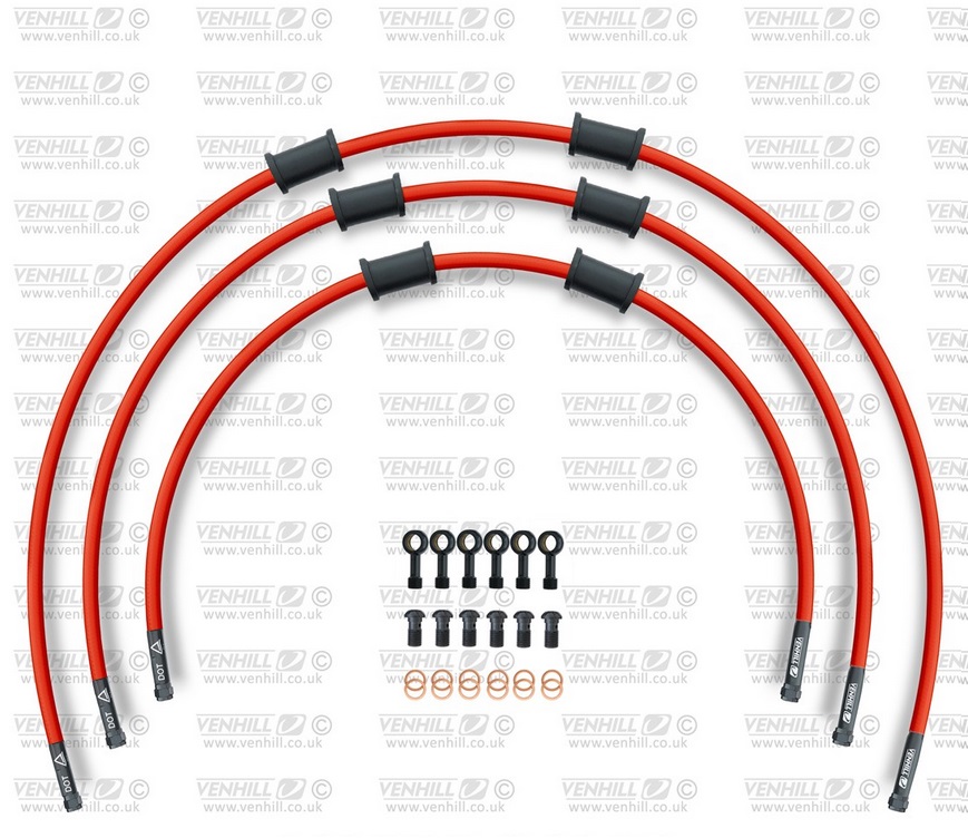 Obrázek produktu STANDARD Hadice přední brzdy sada Venhill POWERHOSEPLUS KAW-6007FB-RD (3 hadice v sadě) červené hadice, černé koncovky KAW-6007FB-RD