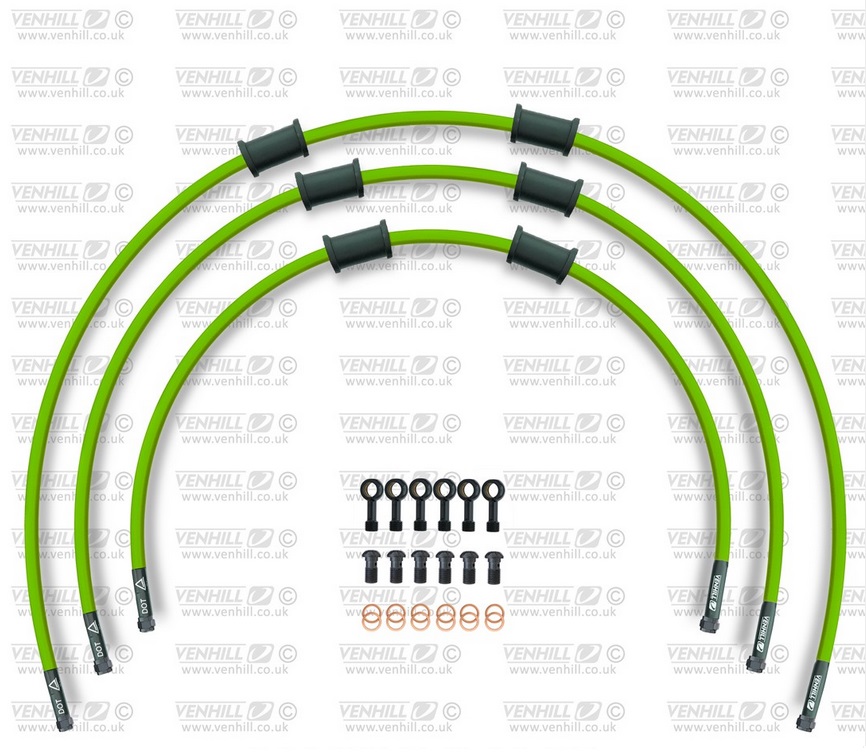 Obrázek produktu STANDARD Hadice přední brzdy sada Venhill POWERHOSEPLUS KAW-5005FB-GR (3 hadice v sadě) zelené hadice, černé koncovky KAW-5005FB-GR