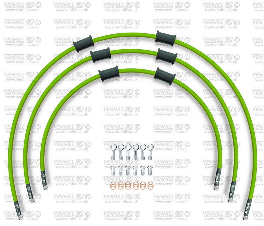 Obrázek produktu STANDARD Hadice přední brzdy sada Venhill POWERHOSEPLUS KAW-5005FS-GR (3 hadice v sadě) zelené hadice, nerezové koncovky KAW-5005FS-GR