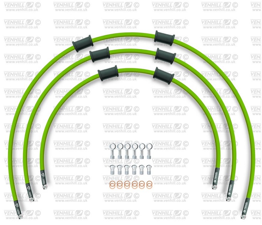 Obrázek produktu STANDARD Hadice přední brzdy sada Venhill POWERHOSEPLUS SUZ-6002FS-GR (3 hadice v sadě) zelené hadice, nerezové koncovky SUZ-6002FS-GR