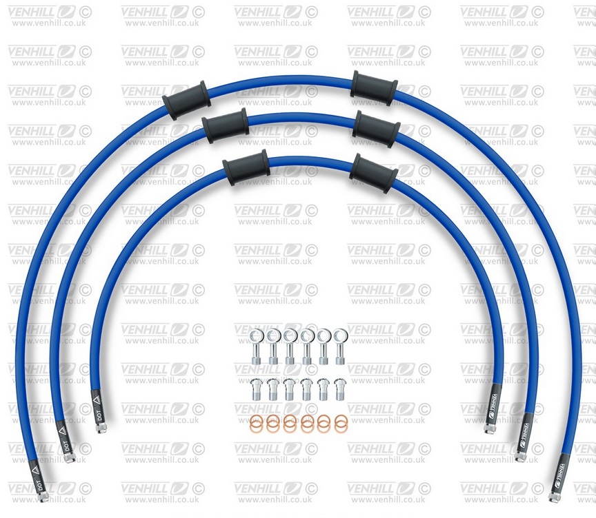 Obrázek produktu STANDARD Hadice přední brzdy sada Venhill POWERHOSEPLUS YAM-13008F-SB (3 hadice v sadě) modré hadice, chromové koncovky YAM-13008F-SB